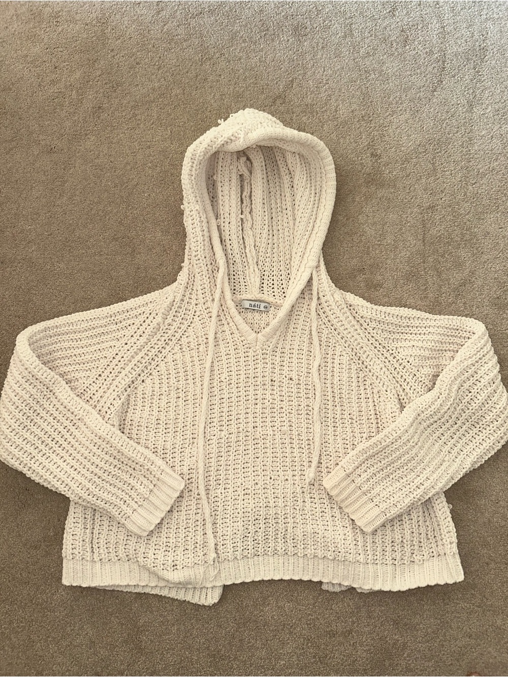 New Women’s Nati Cream Open-Weave Chenille V-Neck Hooded Sweater